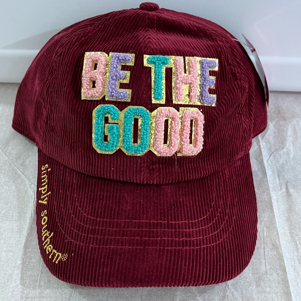 NWT SIMPLY SOUTHERN Sparkle Puff Letter BE THE GOOD Corduroy Baseball Cap Ha…